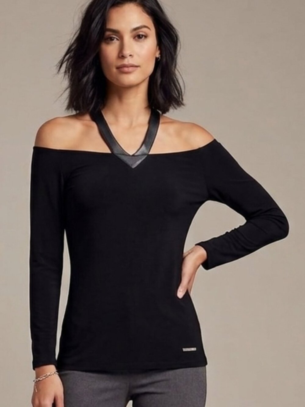 Nine West NWT Black Sexy Top Club Cold Shoulder Size Small Leather Strap Party